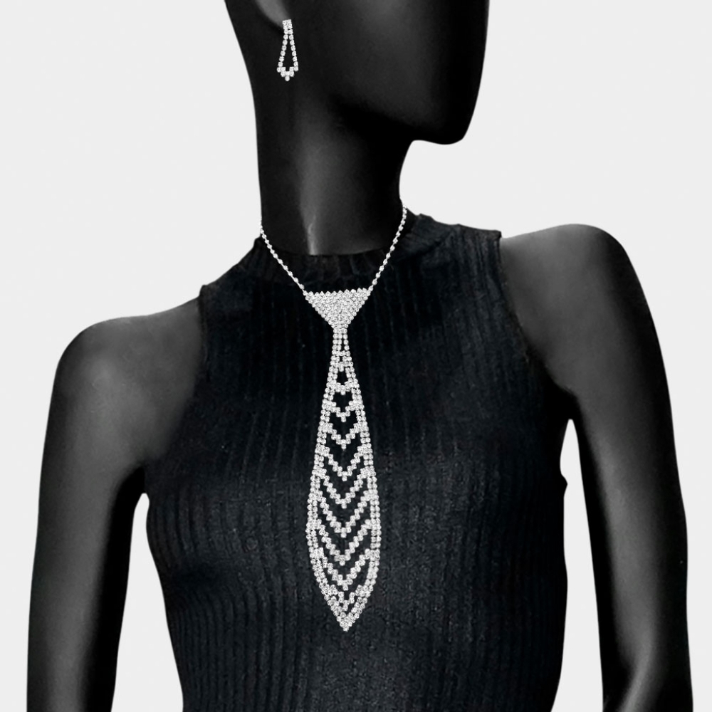 Silver Rhinestone Crystal Tie Necklace Chain Trendy Fashion Jewelry Accessories
